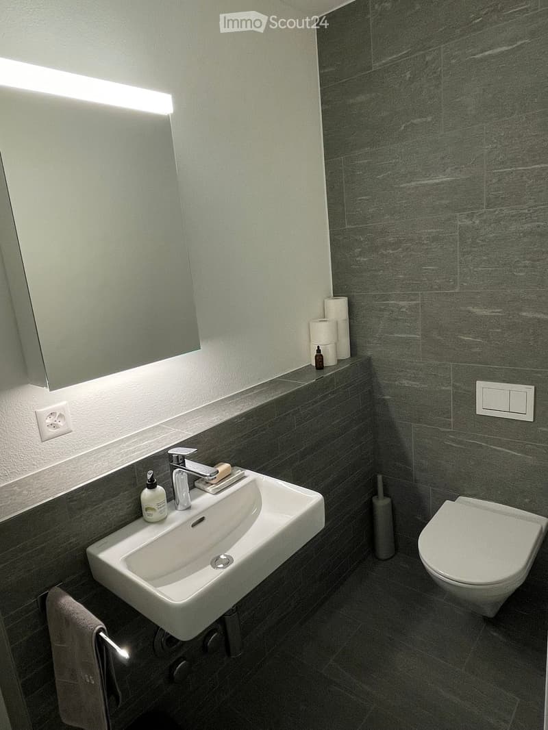 Modern bathroom with a white sink, chrome faucet, toilet, towel, and toiletries on the counter.