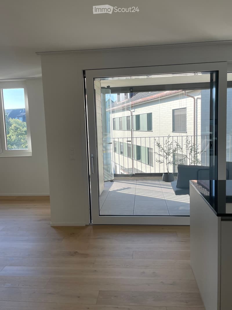 Bright, modern room with wooden flooring, large glass sliding doors leading to a balcony, and a small seating area with a sofa and potted plant visible on the balcony.