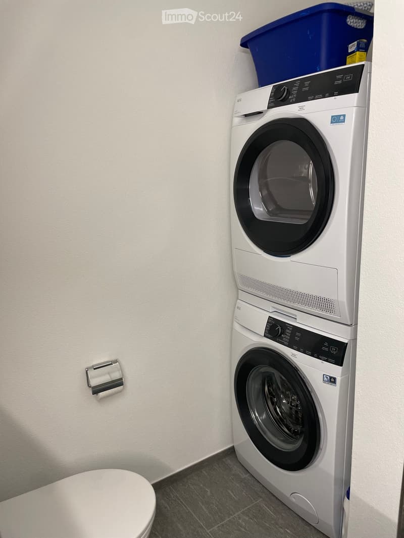 Bathroom with a white washing machine and dryer unit, a toilet, and a paper towel holder on the wall.