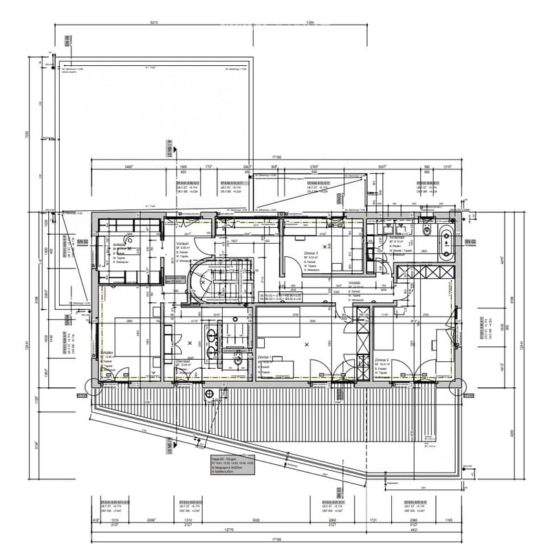 Floor plan of a multi-room building with labeled rooms including living room, kitchen, bedrooms, bathrooms, and a parking area.