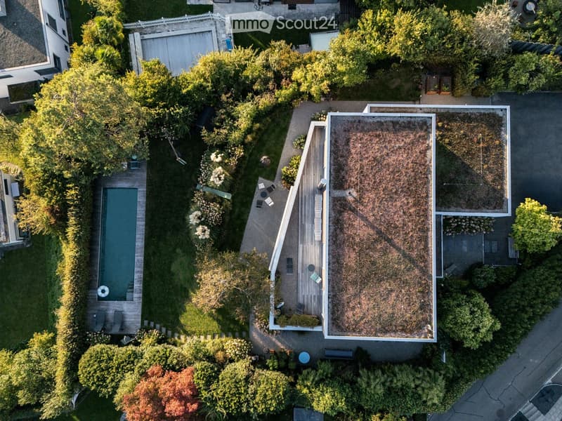Aerial view of a garden area with a swimming pool, surrounded by greenery, trees, and a wooden deck with outdoor furniture.
