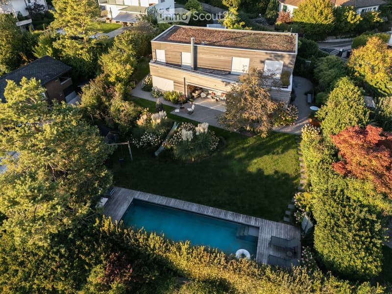 Aerial view of a modern house with a swimming pool, surrounded by a well-maintained garden and trees.