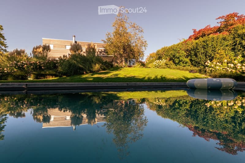 A modern house with a swimming pool in a well-maintained garden, surrounded by trees and shrubs.