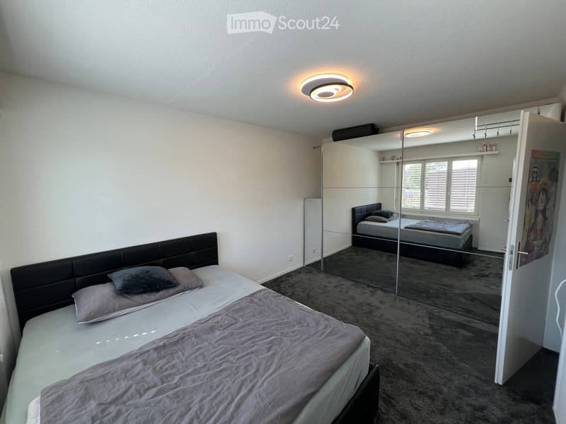 Modern bedroom with two beds, mirrored wardrobe, and large windows with blinds.