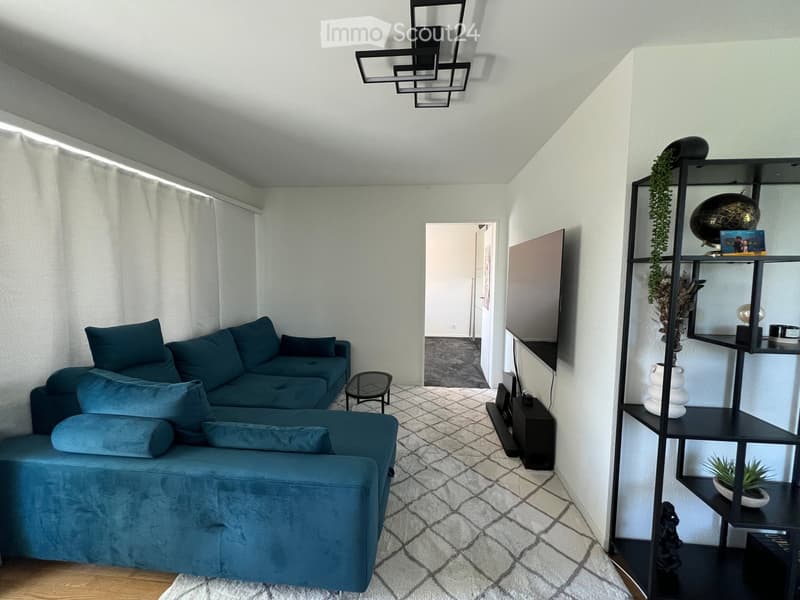 Modern living room with a blue sectional sofa, a small black side table, a tall black shelving unit with decorative items, a large screen, and a patterned rug.