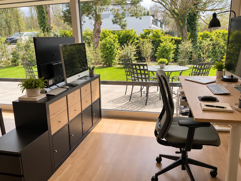 Modern office space with wooden flooring, large windows overlooking a garden, a desk with a laptop, keyboard, mouse, and a chair, plus a cabinet with a screen and potted plant.