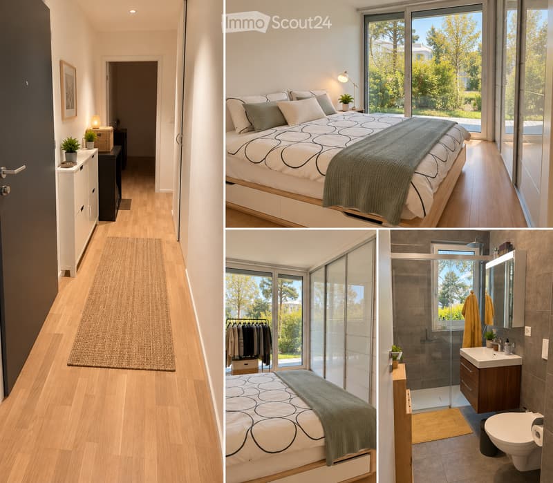 Four images showing a modern house interior: hallway with wooden flooring, a bedroom with a large bed, a walk-in closet, and a bathroom with a glass shower enclosure.