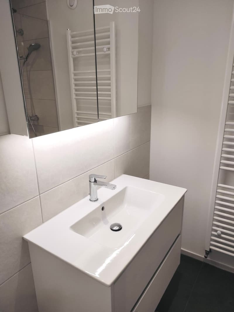 Modern bathroom with a white sink, chrome faucet, large mirror, and a white radiator.
