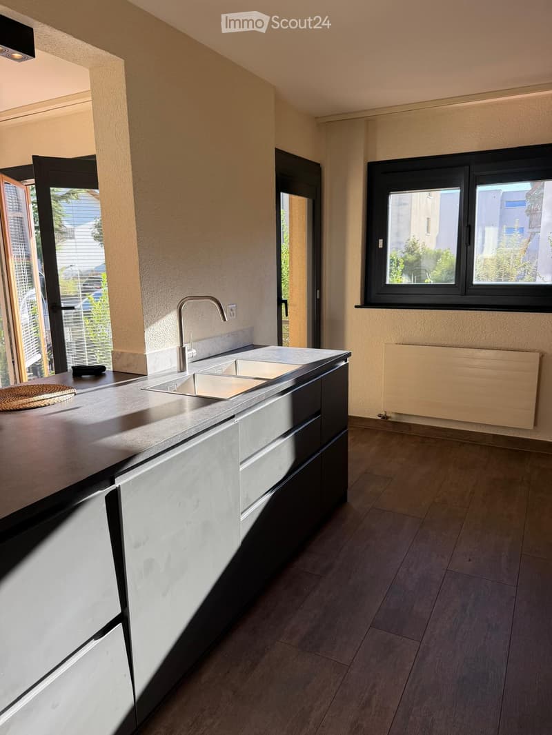 Modern kitchen with a stainless steel sink, sleek faucet, built-in cabinets, and a radiator. The space features wooden flooring and large windows with black frames.