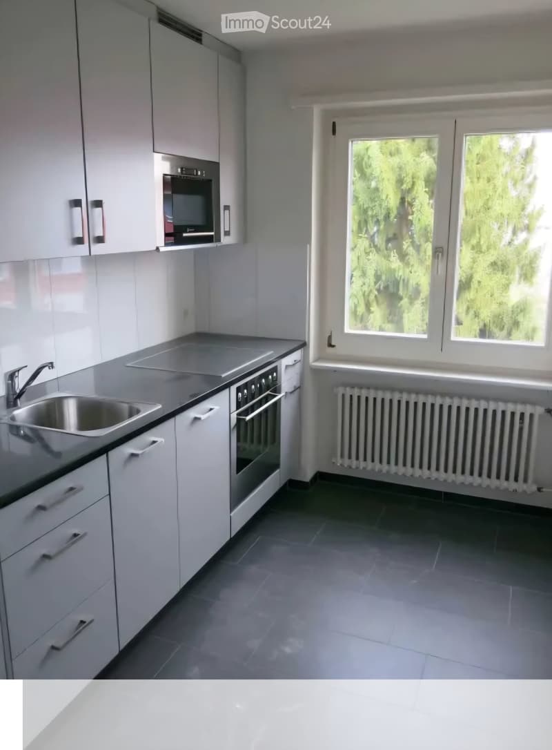 Modern kitchen with white cabinets, stainless steel sink, oven, and large windows overlooking greenery.