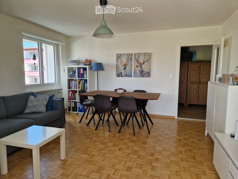 Modern living and dining area with wooden flooring, a grey sofa, a white coffee table, a wooden dining table with chairs, a bookshelf, and a floor lamp.