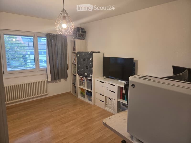 A modern, well-lit room with wooden flooring, a television on a white cabinet, a chair, a table, shelves, and a hanging lamp.
