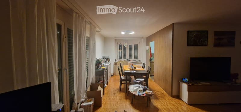 A modern, open-plan living and dining area with wooden flooring, large windows with white curtains, a sofa, a dining table with chairs, a kitchen area with a counter, and a TV on a stand.