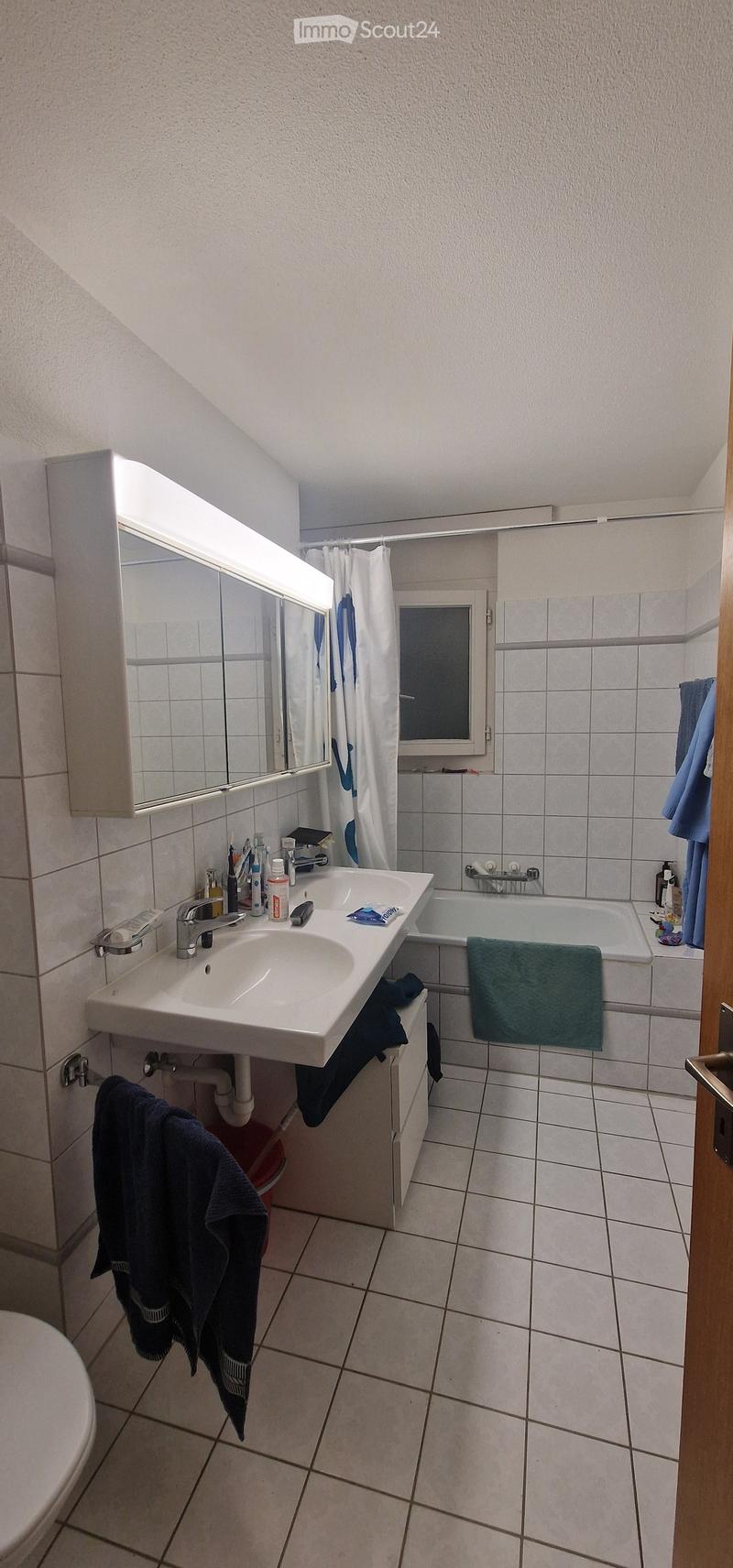Bathroom with a double sink, mirror, bathtub, and various toiletries. Towels are draped over the edges of the sink and bathtub.