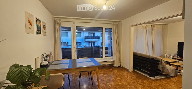Modern living room with wooden flooring, large windows leading to a balcony, a sofa, a dining table with chairs, and decorative plants.