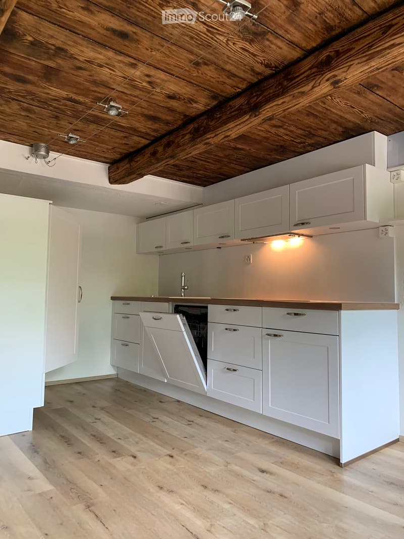 Modern kitchen with white cabinets, wooden countertops, and a wooden ceiling with recessed lighting.