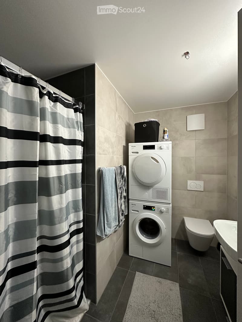 Modern bathroom with a washing machine, toilet, sink, shower curtain, and towels.