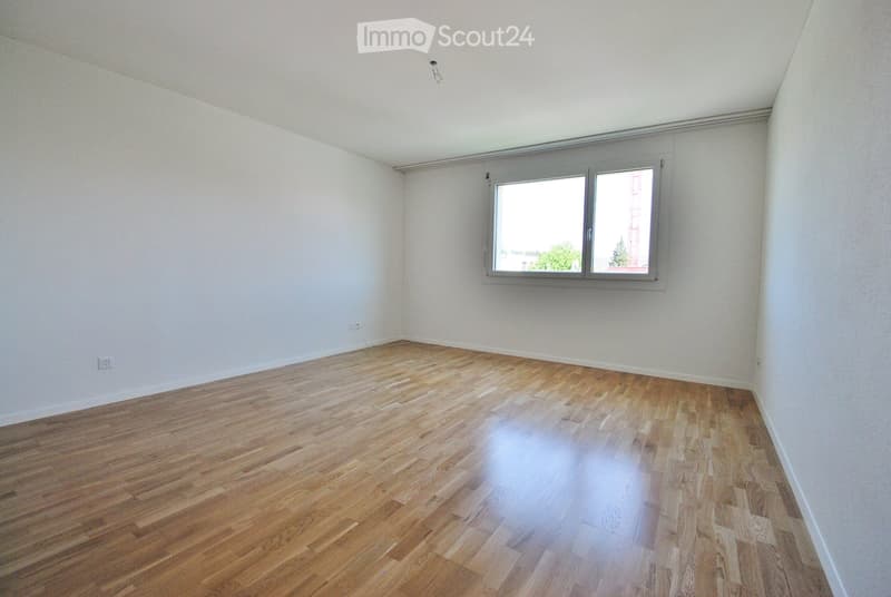 Empty room with wooden flooring and white walls, featuring a large window with a view of trees and a building outside.