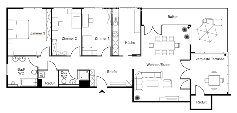 Floor plan showing a 3-bedroom apartment with a kitchen, living/dining area, two bathrooms, and a balcony.