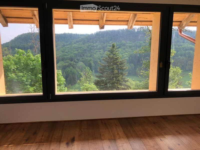 Empty room with wooden flooring and large windows offering a scenic view of a forested landscape and mountains.