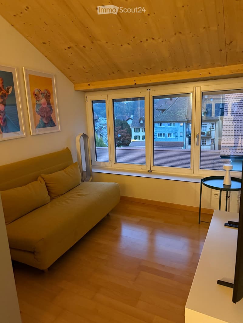 Bright living room with wooden floors, large windows offering a view of the town, a green sofa, a small round table with a lamp, and a TV screen on a stand.