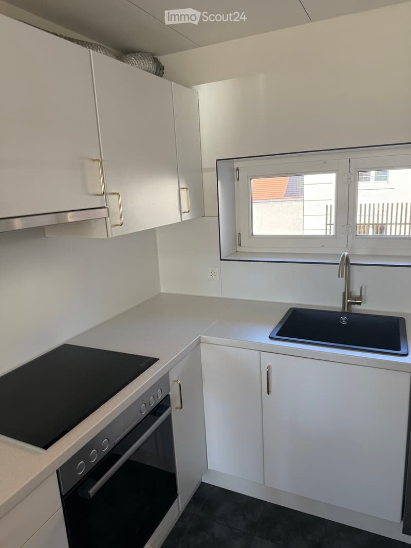 Modern kitchen with white cabinets, a black sink, a stainless steel faucet, and a built-in oven. The space is well-lit with natural light from a window.