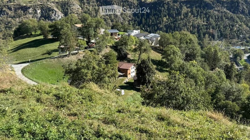 A scenic view of a rural area with several houses nestled among green hills and dense forests, surrounded by lush vegetation and a winding road.