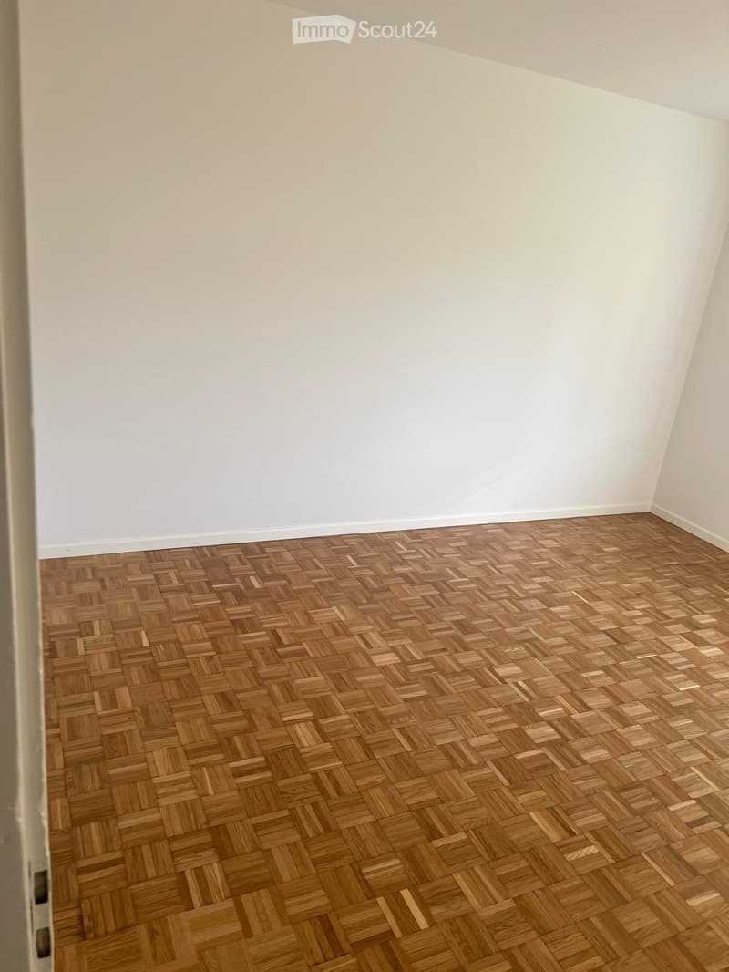 Empty room with light-colored walls and a herringbone-patterned wooden floor.