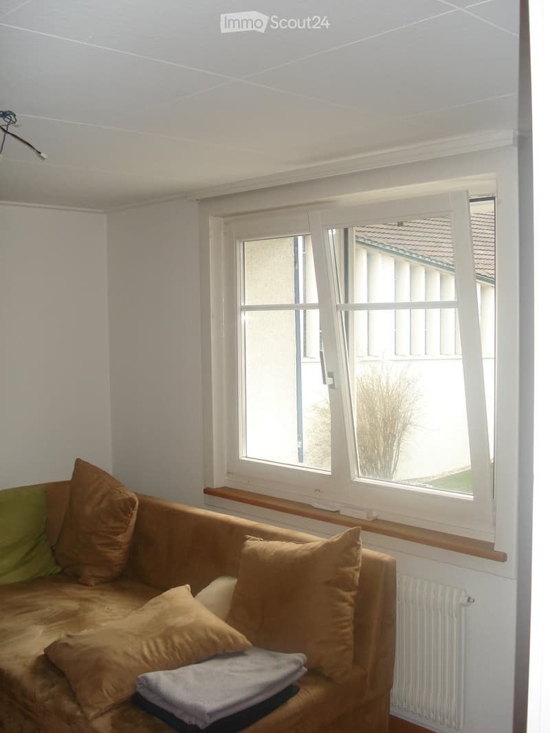 A cozy living room with a brown sofa, multiple pillows, and a radiator near the window. The room has white walls and a slanted ceiling.