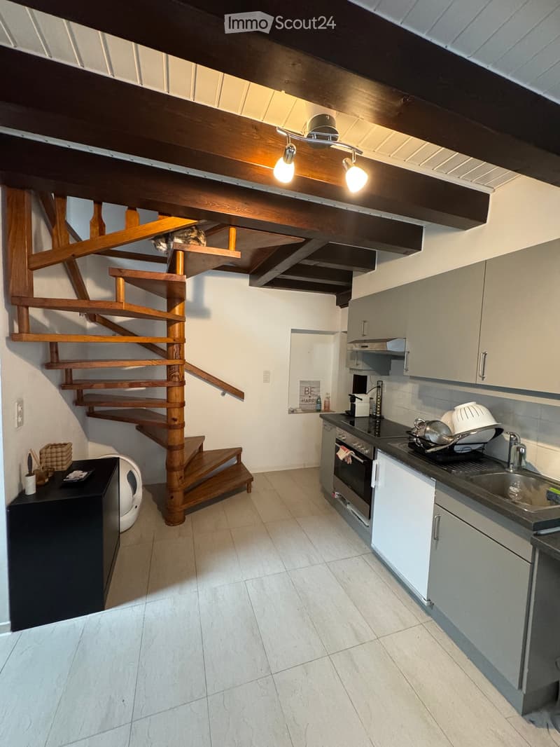 Modern kitchen with white cabinets, stainless steel appliances, and a sleek black countertop. A wooden spiral staircase leads to an upper level, and a small cat is visible on the staircase.