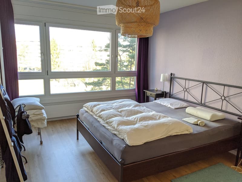 Cozy bedroom with a large bed, nightstand, lamp, and wicker pendant light. The room features wooden flooring and large windows with purple curtains.