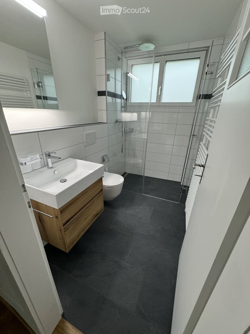 Modern bathroom with a white sink, wooden cabinet, toilet, glass shower enclosure, and a radiator. The floor is dark grey tiles, and the walls are white with a black accent strip.