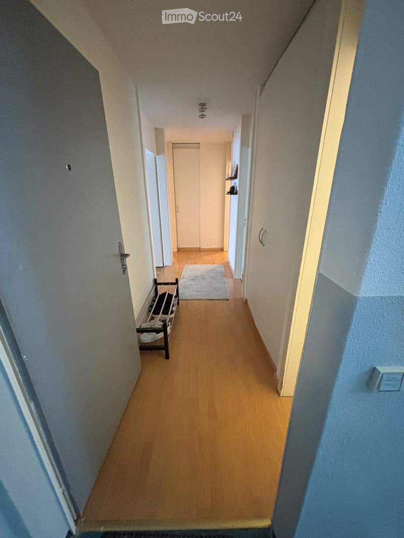 A narrow hallway with wooden flooring, white walls, and a small rug placed in the center. There is a shoe rack on the left side and a small shelf on the right side.