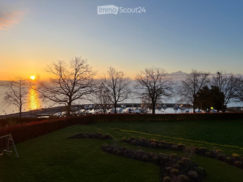 A grassy garden area with a swing set, overlooking a harbor with boats and a sunset view over the water.