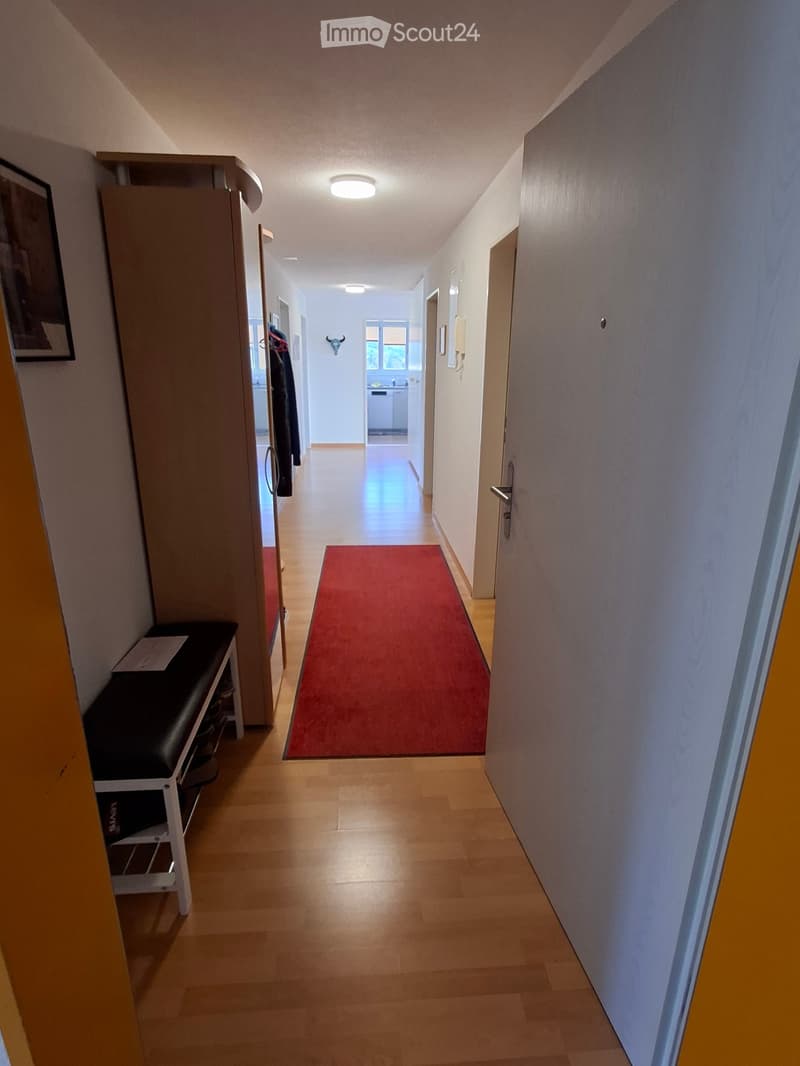 A long, narrow hallway with wooden flooring, white walls, and a red runner. Features include a coat rack with jackets, a small bench with shoes, and a framed picture on the wall.