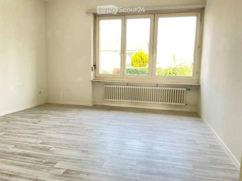 Empty room with light wooden flooring, white walls, large window with radiator below, and a view of greenery outside.