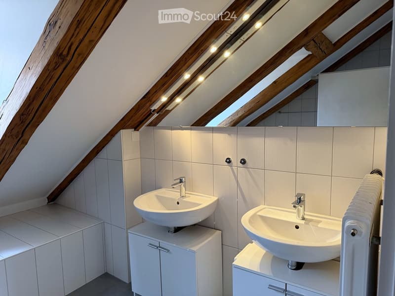 Modern bathroom with two white sinks, sleek faucets, built-in cabinets, and a large mirror. The room features exposed wooden beams and skylights, creating a bright and airy atmosphere.