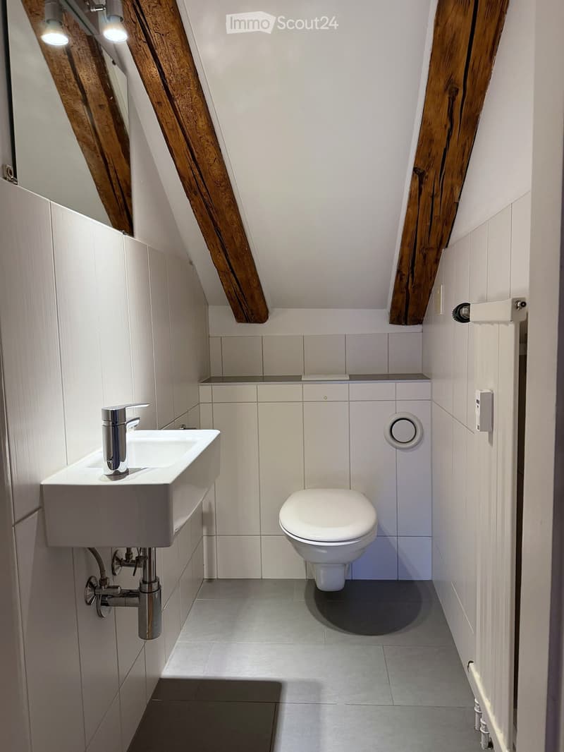 Modern bathroom with white tiles, a white sink with a chrome faucet, and a toilet. Exposed wooden beams on the ceiling and built-in storage cabinets.