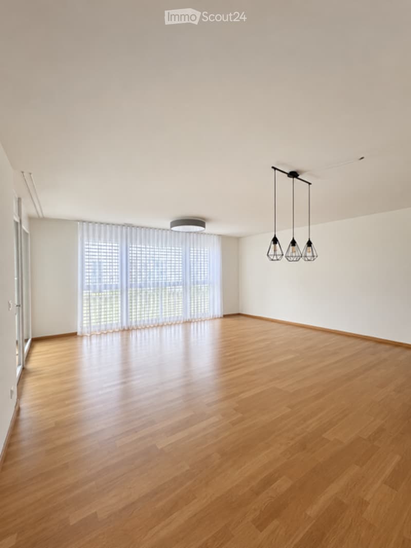 Empty room with wooden flooring, white walls, large window with sheer curtains, and modern pendant lights.