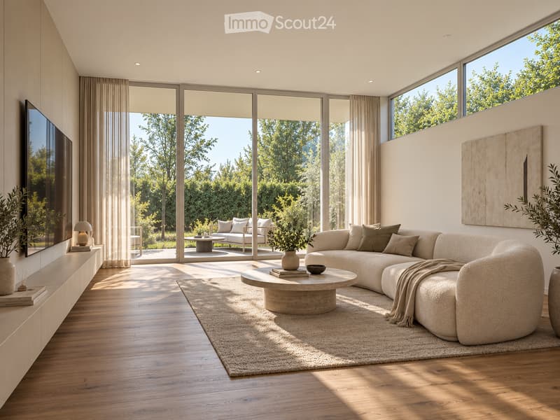 Modern living room with large windows and a view of greenery, featuring a sectional sofa, coffee table, table lamp, and television.