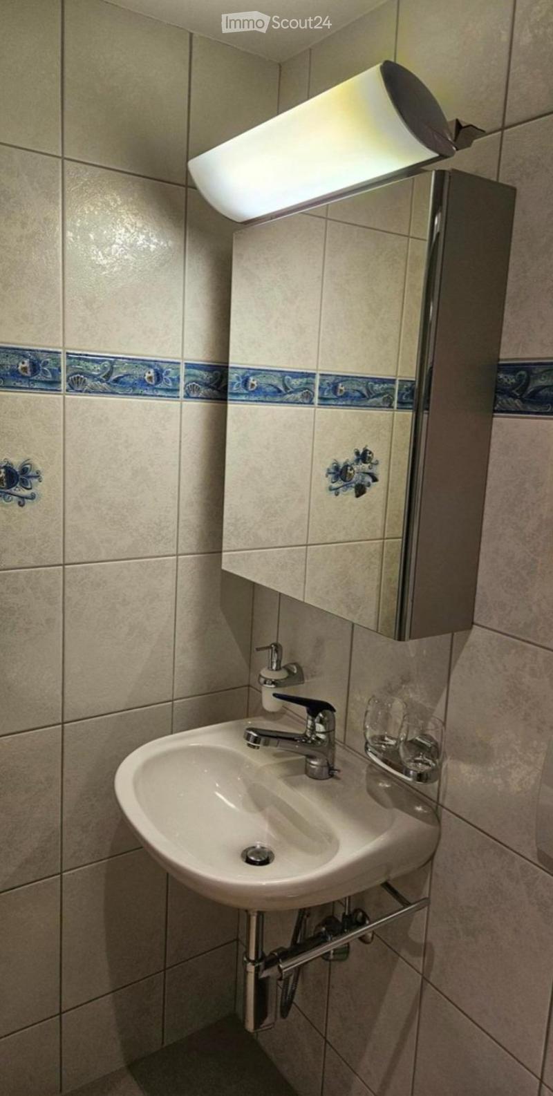 A small bathroom with a white ceramic sink, chrome faucet, mirror cabinet, and decorative blue tiles on the wall.