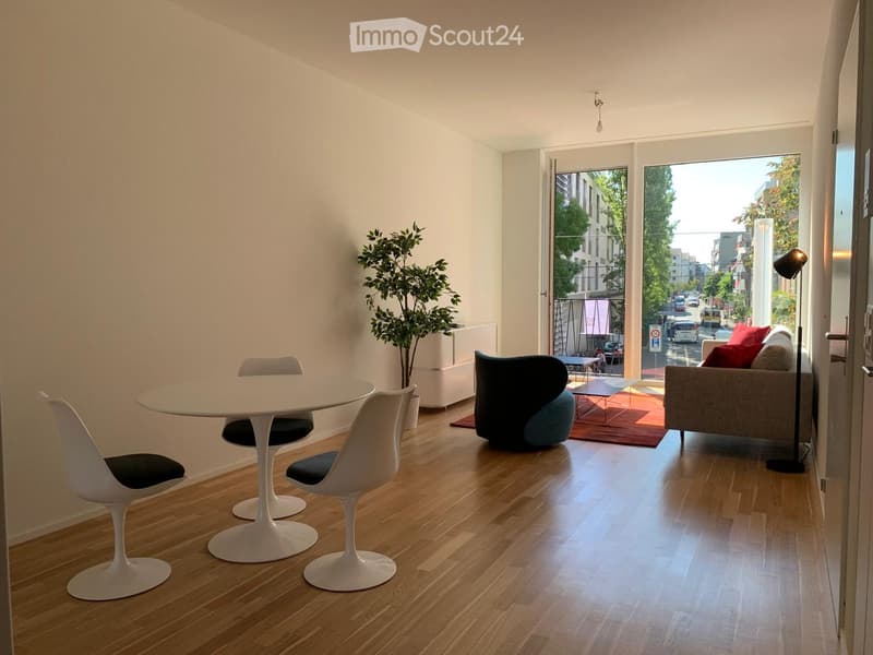 Modern living room with wooden flooring, white dining table with chairs, grey sofa with red cushions, floor lamp, and potted plant near the window.