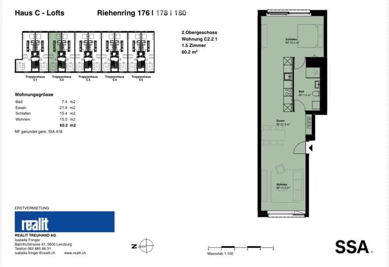 Floor plan of a 60.2 m² apartment with 1.5 rooms, including a living area, dining area, bedroom, and bathroom.
