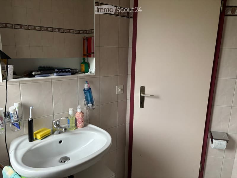 A small bathroom with a white sink, faucet, toothbrush, toothpaste, soap dispenser, and a mirror above the sink. Shelves hold various toiletries and a towel is visible on the floor.