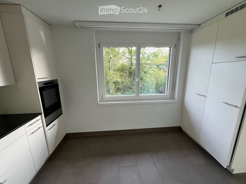 Empty kitchen with white cabinets, black countertop, and a window overlooking greenery.