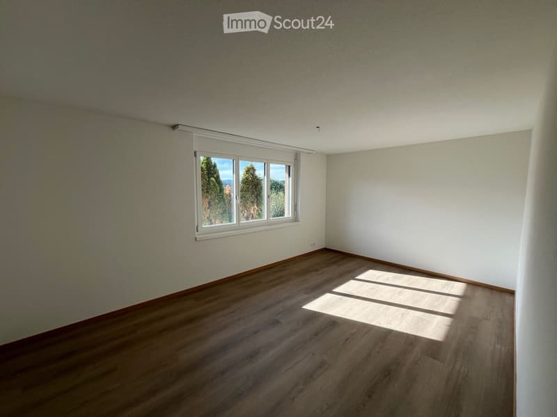 Empty room with wooden flooring, white walls, and a large window showing a view of trees outside.