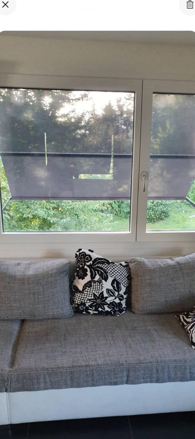A grey sofa with multiple cushions, including a black and white floral pillow, positioned in front of large windows with blinds.