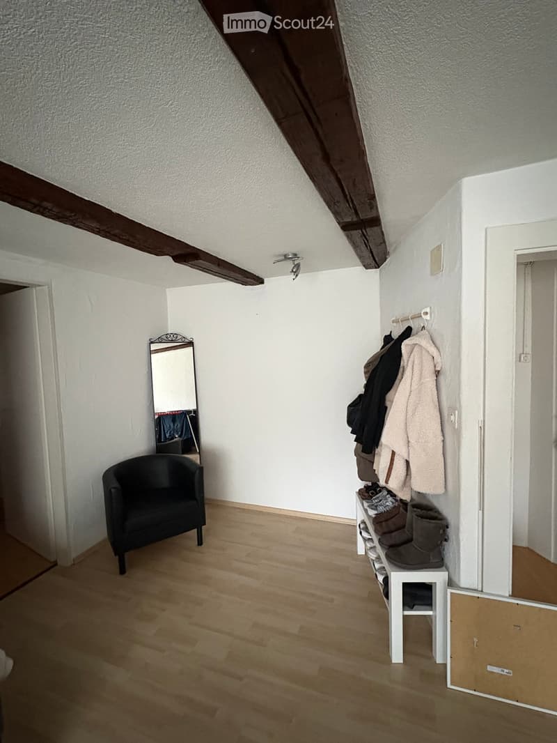 A small, well-lit hallway with wooden flooring, a black armchair, a mirror, a coat rack with jackets, and a shoe rack with boots.