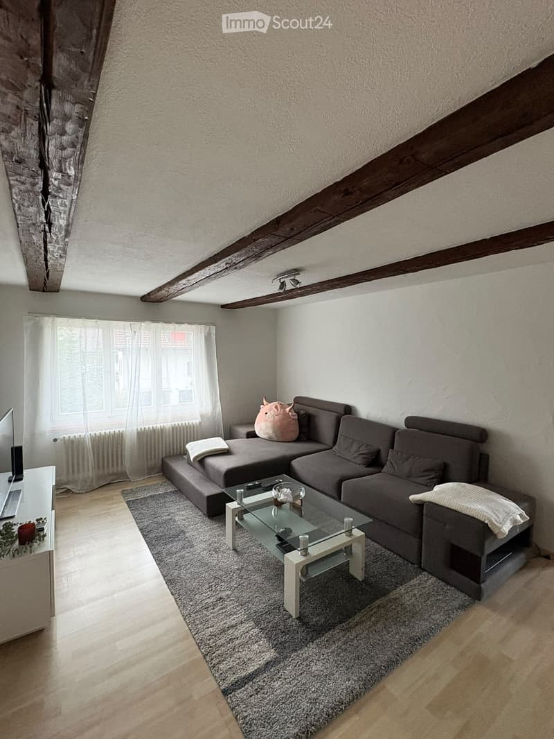 Modern living room with exposed wooden beams, grey sectional sofa, glass coffee table, and a television on a stand. The room features a large window with white curtains and a grey rug on the floor.