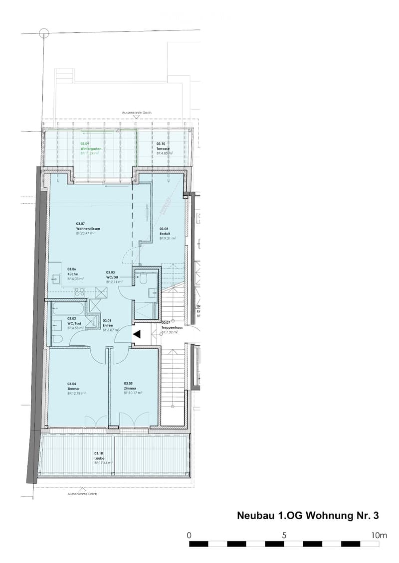 Floor plan of a 1st-floor apartment with living/dining area, kitchen, two bedrooms, bathroom, hallway, and terrace.